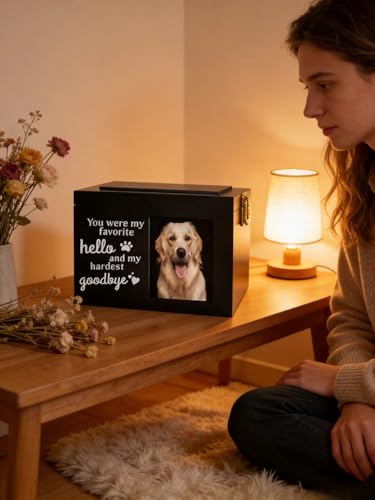 Pet Urns for Dogs with Photo Frame, Wooden Cat Urn Handcraft Pet Ashes Funeral Memorial Keepsake Box for Dogs & Cats, Engravable Surface, Cremation Dog Ashes Storage Box Goodbye Sympathy Gifts