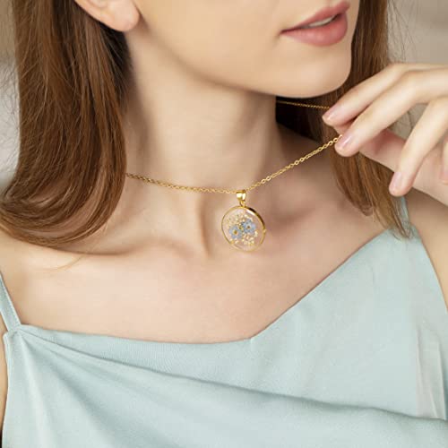 AUNTESIGN Forget-Me-Not and Queen Anne's Lace Pressed Wildflower Necklace | Birth Month Flowers Necklace | Gold/Silver Pressed Flower Jewelry | Mother's Day | Gift For Her - color: Forget-Me-Not and Queen Anne's Lace