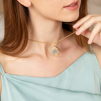 AUNTESIGN Forget-Me-Not and Queen Anne's Lace Pressed Wildflower Necklace | Birth Month Flowers Necklace | Gold/Silver Pressed Flower Jewelry | Mother's Day | Gift For Her - color: Forget-Me-Not and Queen Anne's Lace