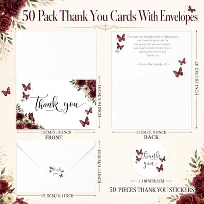 Fumete 50 Set Funeral Thank You Cards, Red Butterfly - style: Red Butterfly