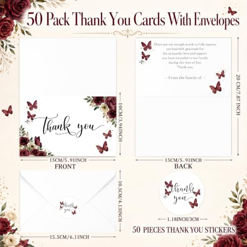 Fumete 50 Set Funeral Thank You Cards, Red Butterfly - style: Red Butterfly