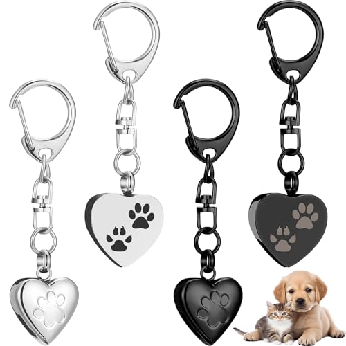 Tondiamo 4 Pcs Pet Urn Keychain for Dog Ashes Heart Shaped Dog Ashes Keychain Stainless Steel Pet Ashes Keepsake Paw Print Memorial Urn for Cat Puppy Loss of Sympathy Gifts Cremation Jewelry
