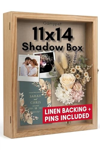 11x14 Nature Wood Shadow Box Frame, 1.57" Deep Glass Door with Lock | Solid Hardwood, Front Glass Door & Lock, Linen Back, Hidden Mounts, Perfect for Wedding Flowers, Pictures & Memory Box - color: Wood, size: 11*14