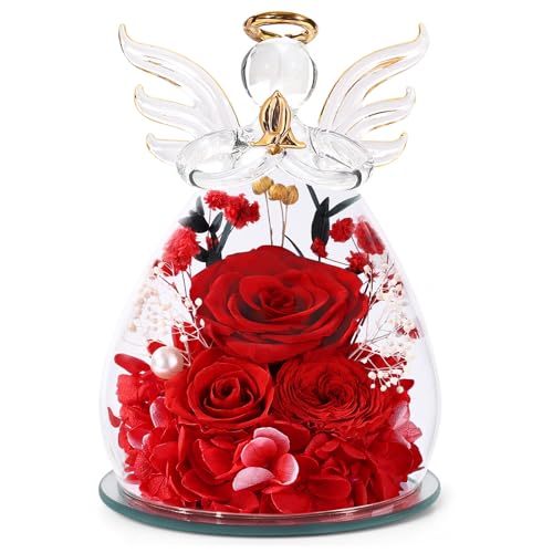 Bessol Gifts for Women Birthday Gifts for Mom Flowers for Delivery Fresh Eternal Preserved Rose Forever Flower in Glass Angel Figurines Gift Anniversary for Grandma Wife Sister Daughter Friends - color: Red (Rose, Austin, Baby's Breath, Hydrangea)