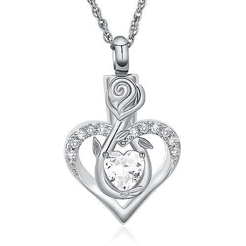 Roseflower Cremation Jewelry Heart Urn Necklace for Ashes for Women Gilrs Memorial Keepsake Birthstone Pendant Necklaces for Ashes of Loved Ones - color: Silver-white