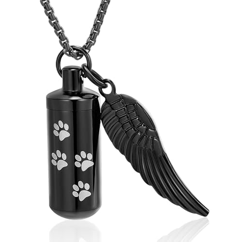 Cylinder Cremation Jewelry Urn Necklace Pet Ashes Pet Paw Memorial Ashes Necklace with Angel Wing for Dog/Cat Keepsake Jewelry for Men Women - color: Black（Small）