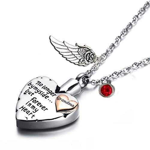 PREKIAR Heart Cremation Urn Necklace for Ashes Angel Wing Jewelry Memorial Pendant and 12 PCS Birthstones No Longer by My Side But Forever in My Heart - color: Grandma