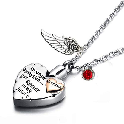 PREKIAR Heart Cremation Urn Necklace for Ashes Angel Wing Jewelry Memorial Pendant and 12 PCS Birthstones No Longer by My Side But Forever in My Heart - color: Grandma