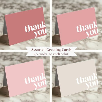 Paper Play Thank You Cards Bulk Pack of 40 Pink, 5x3.5 Inches with Matching Stickers & Envelopes, Minimalistic Design Suitable for Business, Baby Shower, Wedding, Small Business, Graduation, Funeral | 5 x 3.5 Inches with Matching Stickers & Envelopes, For