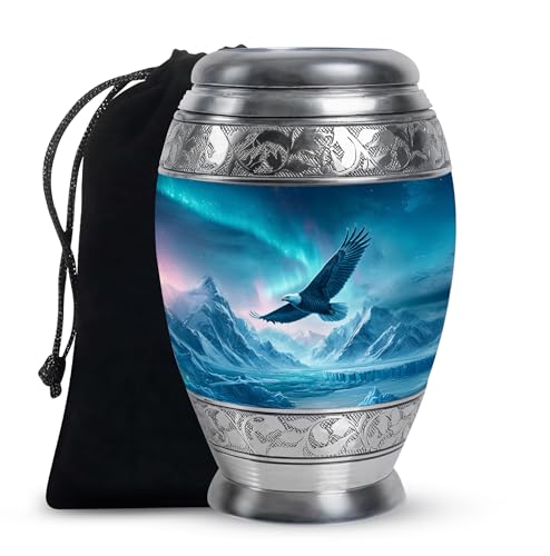 Mountain Eagle Urns for Ashes for Women - Aurora Urn for Ashes Adult Male - Blue Urn for Adult Female - Large Urns for Funeral - 10Inch & 200 Cubic Inches - color: Eagle Fly Mountain With Aurora Light