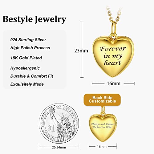 Bestyle Sterling Silver Heart Locket Necklace for Women, Dainty Cute Small Heart Locket Pendant in Gold/Rose Gold/Silver, Love Statement Jewelry Gift for Mother Wife - color: A1. Forever In My Heart-Gold-Locket Only, NO Custom