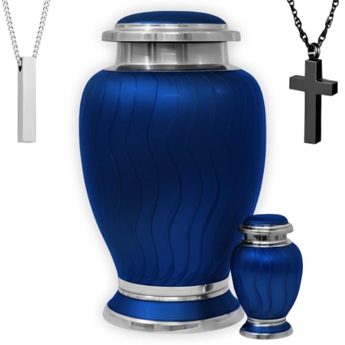 Family Tribute Set of Cremation Urn for Human Ashes Male & Female with 1 Large Urn, 1 Small Keepsake & 1 Silver & 1 Black Cross Necklace- Hotep Tropical Blue - color: Hotep Tropical Blue Set