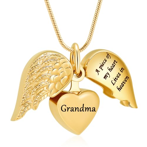 Cremation Jewelry Heart Urn Necklace for Human Ashes for Women Men A Piece of My Heart Lives in Heaven Memorial Ashes Keepsake Pendant - color: Gold-Grandma