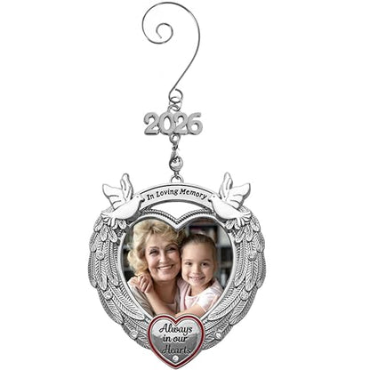 2026 Memorial Photo Ornament with Angel Wings & Doves, Christmas Picture Ornament with Crystal Accent, Sympathy Keepsake Gift, Holds Photo, Silver Finish, 3 Inch, Storage Gift Bag Included