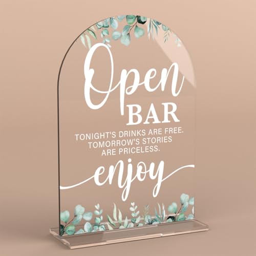 Acrylic Wedding Sign Open Bar Signs for Ceremony Modern Calligraphy Arch Acrylic Table Top Signs for Wedding Reception and Event Party Table Decor (Eucalyptus Leaves) - color: Open Bar