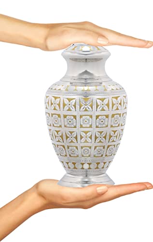 BOLD & DIVINE Cremation Urn for Human Ashes Adult Brass Funeral Urn |Metal Hand Engraving Large Urn | for Adults Display Burial at Home or in Niche at Columbarium (Silvery Shine/Golden Design) - color: Silvery Shine / Golden Design