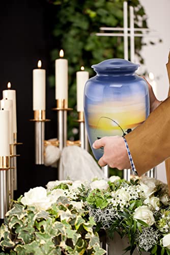 Fishing Urn - Full Size Gone Fishing Cremation Urn - Adult Urns for Men and Women – Fisherman Funeral and Memorial Urns for Human Ashes Upto 210 Lbs with Velvet Bag (Large)