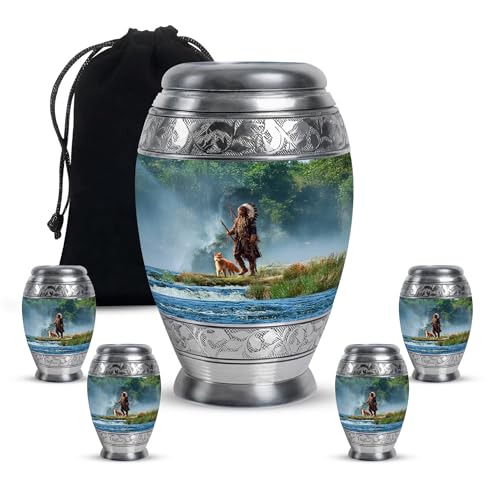 Native American Adult Urns for Human Ashes Women - Funeral Urns for Adult Ashes Men, 1 Large 10 Inch & 4 Keepsake Set - Blue Urn for Daughter - Fox Cremains for Human Remains for Mother, 3inch - color: Native American-3, size: combo-3