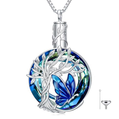 TOUPOP Butterfly Necklace for Women 925 Sterling Silver Tree of Life Butterflies Dragonfly Hummingbird Pendant Necklaces Crystal Jewelry Anniversary Christmas Birthday Gift for Her - color: Butterfly Blue - Urn