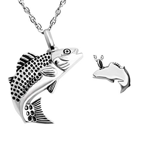 XIUDA Fish Urn Cremation Necklace for Ashes Urn Necklaces for Human Ashes In Loving Memory of Dad Fishing Locket Ashes Holder Keepsake Cremation Memorial Pendant Jewelry - color: silver fish-engraving