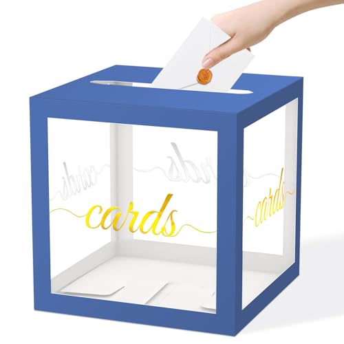 QISOLIY Navy Blue Clear Gold Card Box for Party 8.7" Wedding Card Boxes for Reception Holder Money Box for Birthday, Baby Shower, Bridal Shower, Graduation, Retirement, Anniversaries Party Decoration - color: Navy Blue Clear Gold