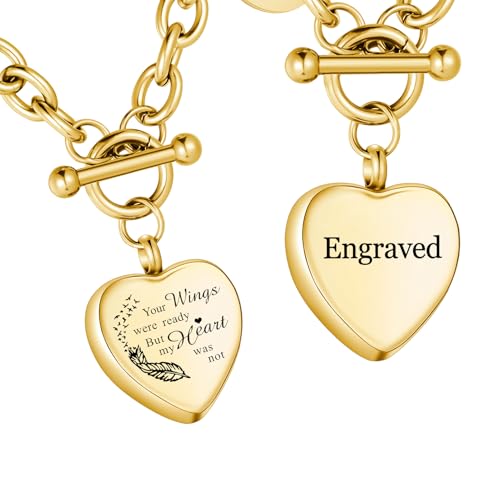 XIUDA Heart Cremation Urn Necklaces for Ashes Locket Cremation Jewelry for Human Ashes Stainless Steel Memorial Keepsake Pendant for Women - color: Gold Butterfly, engraved