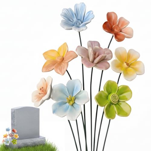 Ceramic Cemetery Flowers for Grave, Non-Fading Weatherproof Artificial Memorial, Heavy Windproof Outdoor Decor, DIY 8 Pcs Multicolor Blooms with Metal Stems for Headstone Tribute, No Vase