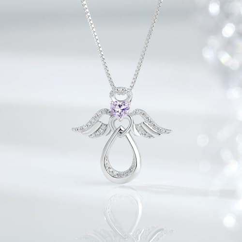 925 Sterling Silver Guardian Angel Pendant Necklace for Women with Birthstone Cubic Zirconia Little Angel Pendant Necklace Jewelry 18 inch Chain - color: 06-June-Alexandrite