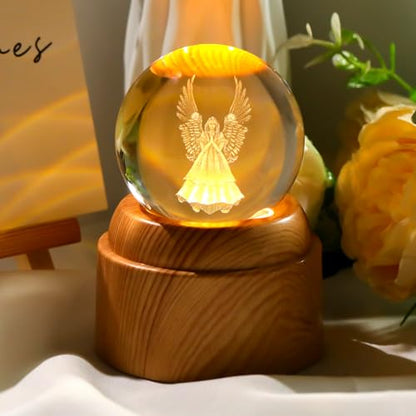 Guardian Angel Gifts 2.36in 3D Engraved Angel Crystal Ball with Rotatable Warm Light Wood Base, Guardian Angel Figurines Memorial Gifts for Women Mom Friends - color: Angel