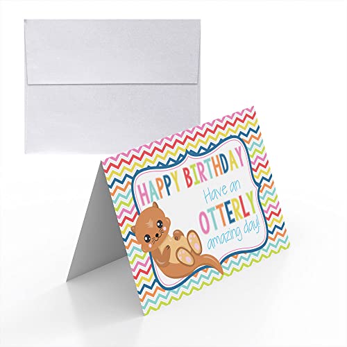 Adorable Otter OTTERLY Amazing Day Birthday Pun Themed Single (1) All Occasion Blank Birthday Card To Send To Friends & Family, 4"x 6" (when folded) Fill In Greeting Note Card by AmandaCreation - style: OTTERLY Amazing Day
