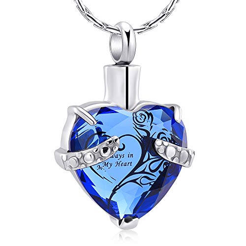 constantlife Crystal Heart Shape Cremation Jewelry Memorial Urn Necklace for Ashes, Stainless Steel Ash Holder Pendant Keepsake with Gift Box Charms Accessories for Women - color: Blue-Silver