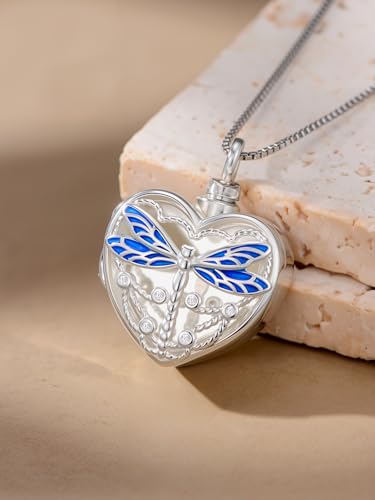 WINNICACA Cremation Jewelry for Ashes Locket Ashes Necklace Urn Necklace for Women Sterling Silver Cremation Necklace for Ashes Fine Keepsake Picture Necklace Memorial Jewelry - style: B02-Dragonfly Urn Locket Necklace