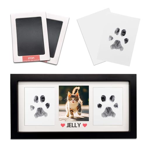 Paw Print Frame Kit for Dog Cat & Baby, Extra Large Wooden Memorial Frame, Inkless Pad & Soft Clay Impression Kit with Tool, Black (Black) - color: black