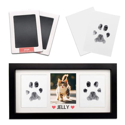 Paw Print Frame Kit for Dog Cat & Baby, Extra Large Wooden Memorial Frame, Inkless Pad & Soft Clay Impression Kit with Tool, Black (Black) - color: black
