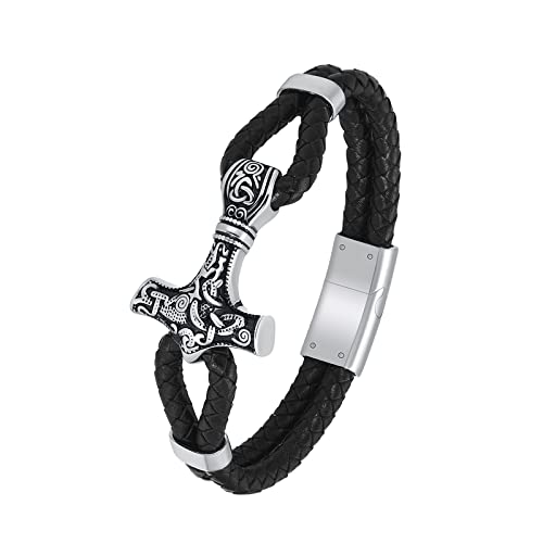 constantlife Viking Thor's Hammer Cremation Bracelet for Ashes for Men Braided Leather Wristband Cuff Bangle Memorial Urn Jewelry Funeral Keepsake Gift - color: A-Silver, size: 24cm