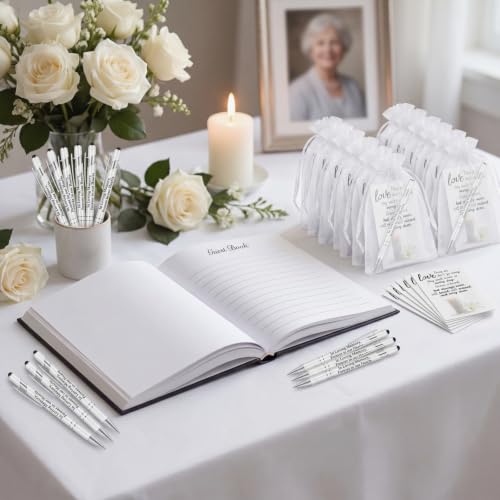 Yeaqee 150pcs/50set Funeral Favor Pen Poem Card for Guests, White, Elegant - color: White, style: Elegant