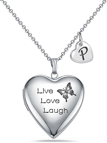 MUERDOU Butterfly Locket Necklace that Holds Pictures Initial Alphabet Letter Heart Shaped Photo Memory Locket Pendant Necklace - style: P