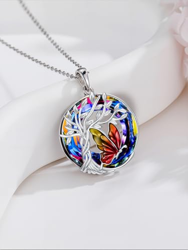 TOUPOP Butterfly Necklace for Women 925 Sterling Silver Tree of Life Butterflies Dragonfly Hummingbird Pendant Necklaces Crystal Jewelry Anniversary Christmas Birthday Gift for Her - color: Butterfly Red
