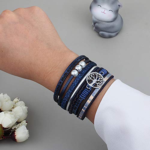 Tree of Life Inspirational Leather Wrap Bracelets Boho Western Cowgirl Cuff - color: Navy Blue
