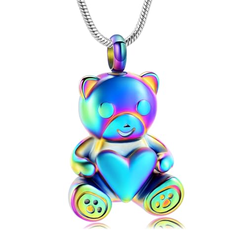 Cremation Jewelry - Teddy Bear Urn Necklace for Men Women with Mini Keepsake Urn Memorial Ash Jewelry - color: Colorful