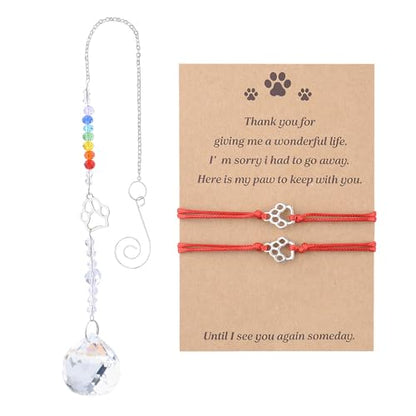 Sisadodo Rainbow Bridge Dog Memorial Gifts for Loss of Dogs Cats Rainbow Bridge Bracelet Keychains Paw Crystal Sun Catcher - color: red