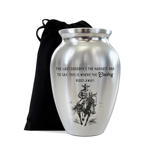 Cowboy Mini Keepsake Urn, Stainless Steel Small Memorial Urn for Human Ashes, Decorative Funeral Urn with Engraved Western Cowboy Boots and Hat with Cross, 2.56" Small Remembrance Vessel