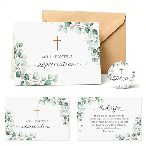 28 Pack Funeral Thank You Cards with Envelopes & Stickers, 6x8 Inches Foldable, Sympathy Bereavement Notes with Message Inside, Suitable for Memorial Services (Style 2)