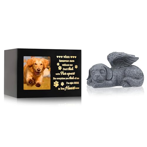 Pet Memorial Urns for Dog Ashes Box, Large Wooden Pet Dogs Urns with Dog Angel and Photo Frame, Memorial Keepsake Memory Box, Loss Pet Puppy Memorial Black Funeral Cremation Box Remembrance Gift