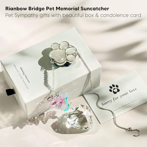 Dog Memorial Gifts, Pet Memorial Suncatcher, Loss of Dog Sympathy Gift | Thoughtful Dogs and Cats Bereavement Remembrance Gifts, Natural Cat's Eye Stone Paw Crystal Suncatcher - color: Silver Gray