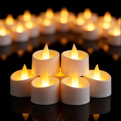 Realistic Flameless LED Tea Lights - Battery-Powered Dancing Flame Candles for Weddings, Halloween, Votives | Safe Child-Resistant, Flickering Ambiance Decor (White Base, 100 Pack) - color: White Base, size: 100 Pack