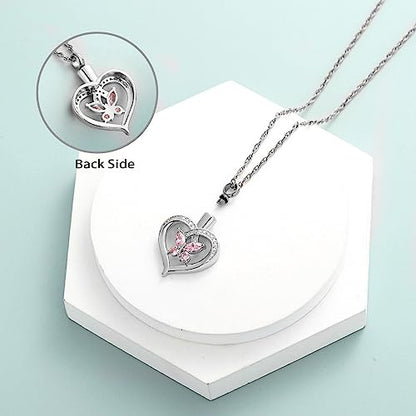Imrsanl Butterfly Heart Pendant Cremation Urn Necklace for Women - color: Silver-Pink