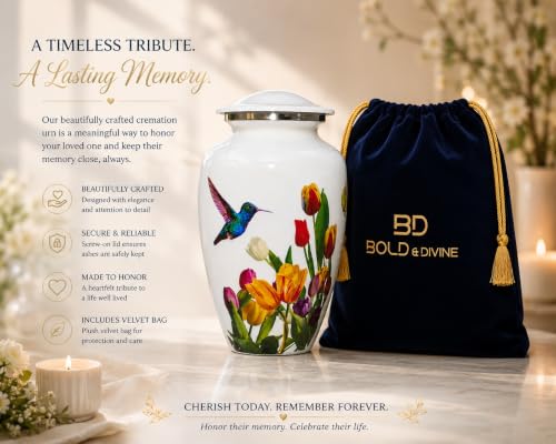 BOLD & DIVINE White Hummingbird Cremation Urn | Handcrafted Hummingbird urn for Human Ashes Adult Female, Large Burial urns for Ashes up to 200 LBS. (White Hummingbird Adult Urn) - size: Large