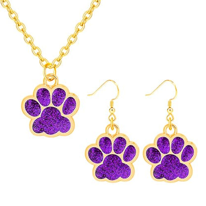 Dreuyet Paw Necklace and Earrings Set for Women Glitter Cute Dog Cat Pet Paw Print Pendant Necklace Earrings Lovely Animal Charm Jewelry Set Gifts - color: Gold Purple