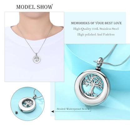 Hearbeingt Tree of Life Urn Necklaces for Ashes Circle Cremation Jewelry - color: A-Silver
